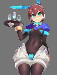 Rule 34 | 1girl, aile (mega man zx), blush, bodysuit, bracelet, breasts, brown hair, closed mouth, gloves, green eyes, hair between eyes, heart maebari, heart pasties, highres, jewelry, layered sleeves, long sleeves, looking at viewer, maebari, mega man (series), mega man zx, meme attire, pantyhose, pantyhose under shorts, pasties, reverse bunnysuit, reverse outfit, robot ears, short hair, short over long sleeves, short sleeves, shorts, simple background, skin tight, solo, spandex, ukimukai