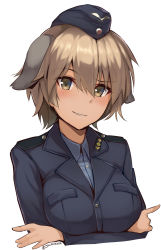 Rule 34 | 10s, 1girl, animal ears, blush, brave witches, breast hold, breasts, brown eyes, brown hair, crossed arms, dog ears, eyebrows, garrison cap, hat, kurowa, looking at viewer, military, military uniform, short hair, simple background, smile, solo, twitter username, uniform, waltrud krupinski, white background, world witches series