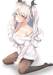 Rule 34 | 1girl, azur lane, bare shoulders, black ribbon, blush, breasts, brown eyes, brown pantyhose, cleavage, commentary request, finger to mouth, hair between eyes, hair ribbon, kneeling, large breasts, long hair, looking at viewer, mokkon doru, mole, multicolored hair, off-shoulder sweater, off shoulder, pantyhose, prinz eugen (azur lane), red hair, ribbon, silver hair, simple background, smile, solo, streaked hair, sweater, two side up, very long hair, white sweater