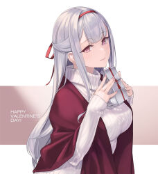 Rule 34 | 1girl, ash arms, box, breasts, brown background, character request, chocolate, gift, gift box, grey hair, hair ribbon, highres, holding, holding gift, large breasts, long hair, long sleeves, looking at viewer, one-hour drawing challenge, purple eyes, ribbed sweater, ribbon, rokuwata tomoe, shawl, solo, sweater, upper body, valentine, white background