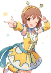 Rule 34 | 1girl, armpits, blush, boots, bow, brown eyes, brown hair, buchi (y0u0ri ), detached sleeves, dot nose, dress, dress bow, hagiwara yukiho, hairband, highres, idolmaster, idolmaster (classic), idolmaster million live!, idolmaster million live! theater days, knee boots, looking at viewer, one eye closed, open mouth, pikopiko planets, pointing, short hair, smile, solo, standing, standing on one leg, star (symbol), star ornament, starry background, white background, yellow dress, yellow hairband