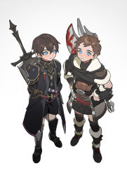 Rule 34 | 2boys, adventurer (ff14), aged down, ardbert hylfyst, armor, arms behind back, axe, belt, black coat, black footwear, black shorts, blood, bloody weapon, blue eyes, boots, breastplate, brown hair, child, chinese commentary, coat, commentary request, dark knight (final fantasy), faulds, final fantasy, final fantasy xiv, from above, full body, fur-trimmed boots, fur trim, greatsword, greaves, hair between eyes, hands on own hips, highres, hyur, knee boots, legs apart, looking at another, looking at viewer, looking up, male focus, multiple boys, pauldrons, short hair, shorts, shoulder armor, simple background, smile, standing, sword, vambraces, warrior (final fantasy), warrior of light (ff14), weapon, weapon on back, white background, wuliu heihuo
