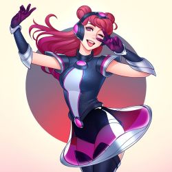 Rule 34 | 1girl, arm up, armor, black gloves, black leotard, blue background, boots, breasts, cowboy shot, double bun, dress, floating hair, gloves, gradient hair, hair bun, hand up, headgear, large breasts, league of legends, leotard, long hair, looking at viewer, lux (league of legends), multicolored hair, one eye closed, open mouth, pink eyes, purple gloves, red hair, see-through, shoulder armor, smile, solo, space groove lux, teeth, thigh boots, thighhighs, tongue, tongue out, tsuaii, upper teeth only, v, white background, white leotard