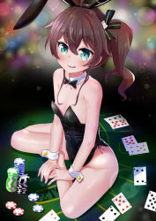 Rule 34 | absurdres, animal ears, bare legs, black leotard, black ribbon, blackjack table, blush, bow, bowtie, breasts, brown hair, card, cat hair ornament, commentary, detached collar, fake animal ears, green eyes, hair between eyes, hair ornament, hair ribbon, highres, hololive, leotard, natsuiro matsuri, ontake2009, open mouth, oversized breast cup, playboy bunny, playing card, poker chip, rabbit ears, ribbon, short hair, side ponytail, sitting, sitting on table, small breasts, smile, solo, strapless, strapless leotard, table, virtual youtuber, wrist cuffs