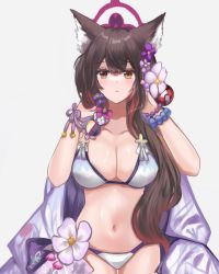 Rule 34 | 1girl, animal ear fluff, animal ears, bead bracelet, beads, bikini, blue archive, blue sealad, bracelet, breasts, brown eyes, brown hair, cape, cleavage, closed mouth, collarbone, cowboy shot, flower, fox ears, gradient hair, hair flower, hair ornament, halo, hands up, jewelry, large breasts, long hair, looking at viewer, multicolored hair, navel, simple background, solo, stomach, string bikini, swimsuit, wakamo (blue archive), wakamo (swimsuit) (blue archive), white background, white bikini, white flower