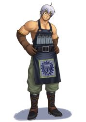 Rule 34 | 1boy, alternate costume, apron, bad id, bad pixiv id, cosplay, crossover, final fantasy, final fantasy xi, glasses, male focus, morichika rinnosuke, muscular, naked apron, riku (tigercharge), short hair, silver hair, solo, the iron of yin and yang, touhou, white background