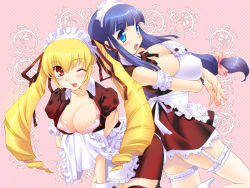 Rule 34 | 2girls, :d, ;d, apron, arm garter, ass, ass-to-ass, back-to-back, blue eyes, blue hair, blunt bangs, blush, bow, bra, breast hold, breasts, checkered background, cleavage, covered erect nipples, drill hair, frills, fuutou shizune, garter straps, hair bow, hair ribbon, high heels, huge breasts, kinmedai pink, large breasts, leaning forward, leg lift, lingerie, long hair, looking at viewer, looking back, maid, maid apron, maid headdress, multiple girls, one eye closed, open mouth, oshioki sweetie, pink bra, ponytail, red eyes, ribbon, shinmeiji rinn, shoes, sideboob, sidelocks, smile, standing, standing on one leg, thighhighs, twin drills, underwear, waist apron, wink, wrist cuffs, zettai ryouiki