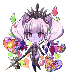 Rule 34 | 1girl, bare shoulders, black gloves, black thighhighs, breasts, chibi, closed mouth, colored skin, elbow gloves, final fantasy, final fantasy xiv, frown, full body, gloves, heart, holding, holding polearm, holding spear, holding weapon, knees together feet apart, pink eyes, polearm, purple hair, purple skin, scathach (ff14), short hair, sidelocks, simple background, small breasts, solo, spear, thighhighs, tiara, twintails, weapon, white background, yuma (pixiv38148735)