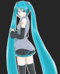 Rule 34 | 1girl, aqua eyes, aqua hair, artist request, back, black background, detached sleeves, feet out of frame, from side, grey shirt, hatsune miku, necktie, non-web source, shirt, simple background, skirt, sleeveless, sleeveless shirt, solo, source request, thighhighs, twintails, vocaloid, zettai ryouiki