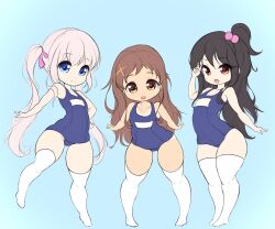Rule 34 | 3girls, highres, horse tail, long hair, multiple girls, non-web source, school swimsuit, shoujo ramune, swimsuit, tail, twintails