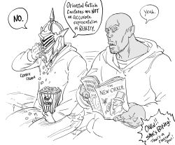 Rule 34 | 2boys, bad id, bald, bb (baalbuddy), brand name imitation, commentary, covered face, dark-skinned male, dark skin, eating, english commentary, english text, food, greyscale, helmet, highres, holding, holding magazine, hood, hood down, hoodie, inactive account, long sleeves, magazine (object), male focus, monochrome, multiple boys, orc, original, parody, pointy ears, popcorn, simple background, sitting, tusks, white background