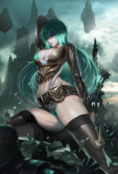 Rule 34 | 1girl, absurdres, arm up, armor, belt, boots, breastplate, breasts, buckle, castle, cleavage, cloud, cloudy sky, cowboy shot, eyelashes, floating island, green eyes, green hair, highres, knee boots, large breasts, leg up, lipstick, long hair, long sleeves, makeup, matching hair/eyes, midriff, navel, original, parted lips, purple lips, shorts, sky, solo, thighhighs, thighs, xi ti