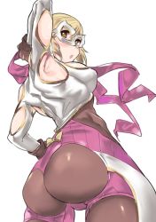 Rule 34 | 10s, 1girl, :o, arm up, armpit cutout, ass, ass cutout, bad id, bad twitter id, black pantyhose, blonde hair, blush, bodysuit, bow, breasts, cleavage cutout, clothing cutout, covered erect nipples, djeeta (granblue fantasy), domino mask, granblue fantasy, hand on own hip, highres, luchador (granblue fantasy), mask, medium breasts, pantyhose, rama (amaru), short hair, solo, wrestling mask, wrestling outfit, yellow bow