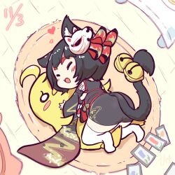 Rule 34 | 1girl, :d, animal ear fluff, animal ears, azur lane, bell, black hair, black kimono, black sash, black tail, blush stickers, closed eyes, commentary request, cross-laced clothes, cross-laced sleeves, dated, full body, happy, heart, himajin (fd jin), hug, japanese clothes, jingle bell, kimono, long sleeves, lying, manjuu (azur lane), mask, mask on head, mismatched eyebrows, no nose, obi, on floor, open mouth, rug, sash, short hair, smile, solo, tail, tail bell, tail ornament, thighhighs, white thighhighs, wide sleeves, yamashiro (azur lane)