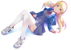 Rule 34 | 1girl, adidas, bad id, bad pixiv id, blonde hair, blue jacket, blunt bangs, blush, collar, cowengium, dress, from above, green eyes, grey dress, hairband, heanna sumire, jacket, knees up, long hair, long sleeves, looking at viewer, love live!, love live! superstar!!, multicolored footwear, name connection, pleated dress, product placement, red hairband, red neckwear, red ribbon, ribbon, school uniform, shoes, simple background, smile, sneakers, solo, thighhighs, white background, white collar, white thighhighs