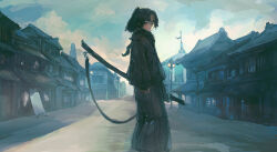 Rule 34 | absurdres, architecture, black hakama, black jacket, brown jacket, buttons, closed mouth, cloud, cloudy sky, east asian architecture, flagpole, grey eyes, hakama, hakama pants, high ponytail, highres, holding, holding sword, holding weapon, hood, hood down, jacket, japanese clothes, lamppost, looking at viewer, monte tako, original, pants, parted bangs, scabbard, sheath, sheathed, sky, solo, sword, town, weapon, wide sleeves