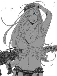 Rule 34 | 1girl, ammunition, ammunition belt, arm up, blue eyes, bra, breasts, bullet, cleavage, closed mouth, determined, facial mark, genderswap, genderswap (mtf), goggles, goggles on head, gun, hand up, holding, holding gun, holding weapon, kimidake, large breasts, long hair, looking to the side, looking up, machine gun, messy hair, midriff, monochrome, naruko (naruto), naruto, naruto (series), navel, panties, partial monochrome, partially colored, serious, shirt, solo, standing, tegaki, thighhighs, torn clothes, torn shirt, underwear, upper body, uzumaki naruto, weapon, whisker markings, whiskers