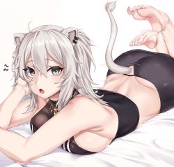 Rule 34 | 1girl, :o, ahoge, animal ears, ass, back, bare shoulders, barefoot, black eyes, black shirt, breasts, crop top, ear piercing, fang, hair between eyes, head rest, highres, hololive, jewelry, large breasts, lion ears, lion tail, looking at viewer, lying, moisture (chichi), on stomach, open mouth, paid reward available, piercing, shirt, shishiro botan, shishiro botan (1st costume), sideboob, silver hair, sleeveless, sleeveless shirt, soles, solo, tail, toes, virtual youtuber