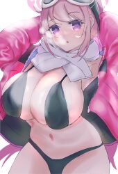 Rule 34 | 1girl, :o, armpits, arms up, bikini, black bikini, blue archive, blush, breasts, down jacket, eimi (blue archive), eimi (swimsuit) (blue archive), highres, huge breasts, jacket, looking at viewer, navel, official alternate costume, open clothes, open jacket, pink hair, pink jacket, purple eyes, scarf, solo, stomach, swimsuit, teto (xaxk4858), two-sided fabric, two-sided jacket, white scarf