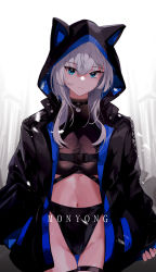 Rule 34 | 1girl, belt, bikini, bikini bottom only, black bikini, black choker, black jacket, black shirt, blue eyes, breasts, choker, closed mouth, cowboy shot, crop top, expressionless, hand in pocket, highres, hood, hooded jacket, jacket, kooemong, long hair, long sleeves, looking at viewer, medium breasts, midriff, navel, open clothes, open jacket, original, revealing clothes, shirt, solo, standing, stomach, swimsuit, thigh gap, thigh strap, thighs, white hair