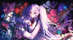 1girl 25-ji_miku aqua_eyes arm_rest blue_flower bow bug butterfly cage commentary dark_background dress english_commentary expressionless flower hair_between_eyes hair_bow harness hatsune_miku heterochromia highres insect long_hair long_sleeves looking_ahead neck_ribbon parted_lips pink_flower pink_rose project_sekai purple_eyes red_flower red_ribbon ribbon rose sidelighting sitting solo theazureciel upper_body very_long_hair vocaloid white_bow white_dress white_flower white_hair
