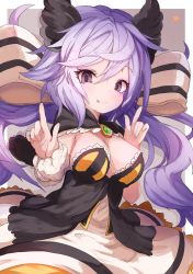 Rule 34 | 1girl, :p, black wings, blush, bow, breasts, brown background, brown eyes, cleavage, closed mouth, commentary request, dress, feathered wings, fingernails, granblue fantasy, hair between eyes, hair bow, head wings, highres, index finger raised, large breasts, long hair, looking at viewer, purple hair, rai (sakuranbo sugar), satyr (granblue fantasy), shadow, smile, solo, star (symbol), strapless, strapless dress, striped, striped bow, tongue, tongue out, twintails, two-tone background, very long hair, white background, white bow, white dress, wings