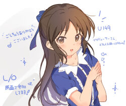 Rule 34 | 1girl, black hair, blue bow, blue dress, blush, bow, brown eyes, dress, hair bow, idolmaster, idolmaster cinderella girls, idolmaster cinderella girls u149, long hair, looking at viewer, niii, open mouth, own hands together, short sleeves, sketch, smile, solo, tachibana arisu, upper body, white background