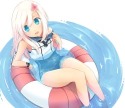 Rule 34 | 10s, 1girl, :o, artist request, bad id, bad twitter id, blonde hair, blue eyes, bracelet, crop top, flower, hair flower, hair ornament, innertube, jewelry, kantai collection, koruta (nekoimo), long hair, looking at viewer, one-piece tan, open mouth, partially submerged, ro-500 (kancolle), school swimsuit, school uniform, serafuku, sitting, solo, swim ring, swimsuit, swimsuit under clothes, tan, tanline, water
