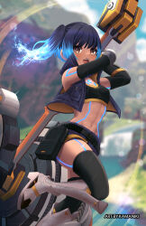 Rule 34 | 1girl, :d, absurdres, armored boots, arms up, artist name, bare shoulders, black gloves, black hair, black jacket, black shorts, black thighhighs, blue hair, blush, boots, breasts, brown eyes, cropped jacket, denim, denim jacket, elbow gloves, fiery hair, gloves, gradient hair, grey footwear, highres, holding, holding weapon, huge weapon, jacket, kamaniki, knee boots, looking at viewer, multicolored hair, navel, open clothes, open jacket, open mouth, pouch, sena (xenoblade), short shorts, shorts, side ponytail, small breasts, smile, solo, sports bra, stomach, thighhighs, toned, weapon, xenoblade chronicles (series), xenoblade chronicles 3
