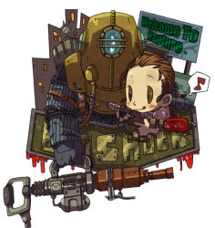 Rule 34 | 1girl, :d, :q, bad id, bad pixiv id, big daddy (bioshock), bioshock, bioshock (series), bioshock 1, chibi, diving suit, english text, gun, little sister (bioshock), musical note, open mouth, smile, tongue, tongue out, uroko (265), weapon