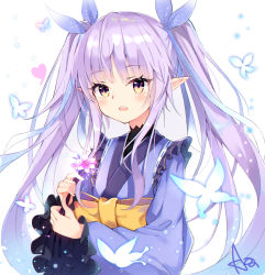 Rule 34 | 1girl, blush, bow, clothing request, commentary, eyelashes, flower, highres, holding, kyoka (princess connect!), long hair, long sleeves, looking at viewer, open mouth, pointy ears, princess connect!, purple hair, sakura nnk, signature, solo, symbol-only commentary, teeth, twintails, upper teeth only, white background, wide sleeves, yellow eyes
