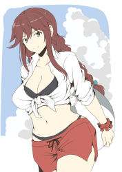 Rule 34 | 1girl, bikini, bikini under clothes, black bikini, braid, breasts, brown hair, cleavage, cloud, collarbone, front-tie top, green eyes, highres, kantai collection, large breasts, looking at viewer, miniskirt, navel, noshiro (kancolle), official alternate costume, red skirt, shirt, skirt, sleeves rolled up, smile, solo, swept bangs, swimsuit, taira yuuki, tied shirt, twin braids, white shirt