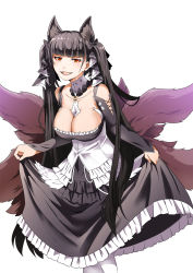 Rule 34 | 1girl, :d, akagi (azur lane), alternate costume, alternate hairstyle, animal ears, azur lane, bare shoulders, black hair, bow, bowing, breasts, cleavage, collarbone, commentary request, cosplay, detached collar, detached sleeves, dress, earrings, eyeshadow, fangs, formidable (azur lane), formidable (azur lane) (cosplay), fox ears, fox girl, fox tail, hair bow, hair ribbon, highres, jewelry, large breasts, long hair, looking at viewer, maid, makeup, multiple tails, off-shoulder dress, off shoulder, open mouth, red eyes, revision, ribbon, simple background, skirt hold, smile, solo, steed (steed enterprise), tail, twintails, white background, white legwear