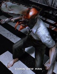 Rule 34 | 1boy, barefoot, black necktie, black pants, blood, blood on feet, blood on hands, bloody weapon, chainsaw, chainsaw man, denji (chainsaw man), hybrid, k041800, looking up, monster, necktie, no shoes, open mouth, pants, road, sharp teeth, solo, standing, street, teeth, tongue, tongue out, weapon