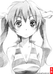 Rule 34 | 1girl, bare shoulders, blush, breasts, cleavage, gofu, greyscale, mayo chiki!, monochrome, one-piece swimsuit, sketch, solo, striped clothes, striped one-piece swimsuit, swimsuit, traditional media, twintails, usami masamune