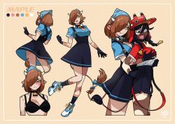 Rule 34 | 2girls, animal ears, bell, belle (milkytiddyboy), black bra, black eyes, blue shirt, blue skirt, blush, bra, breasts, brown hair, cleavage, cow ears, cow girl, cow horns, cow tail, cowbell, dress, from behind, from side, full body, gloves, groping, hair over one eye, hat, heterochromia, horns, large breasts, legs, licking, licking lips, looking at viewer, maple (milkytiddyboy), medium hair, milkytiddyboy, multiple girls, one eye covered, open mouth, orange eyes, original, polka dot, polka dot background, red hat, shirt, shoes, short sleeves, skirt, socks, standing, standing on one leg, suspender skirt, suspenders, tail, teeth, thighs, tongue, tongue out, underwear, underwear only, upper teeth only, vitiligo, white eyes, yellow eyes, yuri