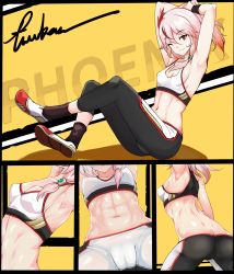 Rule 34 | 1girl, abs, armpits, arms up, ass, back, breasts, butt crack, character request, crotch, from side, fu hua, fu hua (phoenix), highres, honkai (series), honkai impact 3rd, looking at viewer, multicolored hair, multiple views, navel, nonoririn, pants, pink hair, red eyes, shoes, sitting, small breasts, smile, socks, sports bra, sportswear, stomach, streaked hair, stretching, sweat