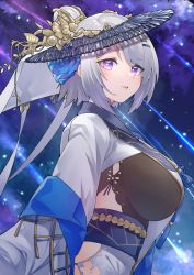 Rule 34 | 1girl, absurdres, azur lane, blue flower, blue rose, blush, breasts, commentary request, dress, flower, grey hair, hair between eyes, hair bun, hair flower, hair ornament, hairclip, highres, large breasts, long dress, looking at viewer, night, night sky, obi, official alternate costume, parted lips, partial commentary, profile, purple eyes, reno (azur lane), reno (spring&#039;s inspiration) (azur lane), rose, sash, sidelocks, single hair bun, sky, solo, standing, star (sky), starry sky, take yaki, tilted headwear, undershirt, upper body, white dress, wide sleeves
