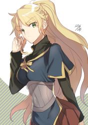 Rule 34 | 10s, 1girl, alicetaria february, blonde hair, blush, green eyes, highres, long hair, looking at viewer, nikame, ponytail, re:creators, solo, standing, white background