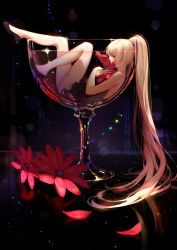 Rule 34 | 1girl, ask (askzy), black dress, blonde hair, brown eyes, cup, dress, drinking glass, flower, in container, in cup, long hair, long legs, lying, mini person, minigirl, on back, petals, pixiv fantasia, pixiv fantasia fallen kings, ponytail, shoes, short dress, solo, very long hair, wine glass, yellow eyes
