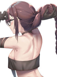 Rule 34 | 1girl, absurdres, armpits, arms up, back, back focus, black-framed eyewear, black choker, black gloves, blush, braid, braided ponytail, breasts, brown eyes, brown hair, choker, ear piercing, fate/grand order, fate (series), from behind, glasses, gloves, highres, holding, holding own hair, long hair, medium breasts, nape, parted lips, piercing, revealing clothes, sideboob, single braid, solo, strapless, sweat, upper body, yu mei-ren (fate), yufou