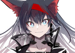 Rule 34 | 1girl, animal ears, arknights, black hair, blaze (arknights), blue eyes, cat ears, close-up, collarbone, earpiece, extra ears, hairband, highres, jacket, long hair, looking at viewer, portrait, red hairband, smile, solo, straight-on, tetuw, v-shaped eyebrows, white jacket