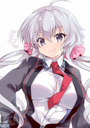 Rule 34 | 1girl, ahoge, breasts, grey eyes, highres, hinata momo, large breasts, light purple hair, looking at viewer, low twintails, lydian academy school uniform, necktie, red necktie, school uniform, scrunchie, senki zesshou symphogear, solo, twintails, white background, yukine chris