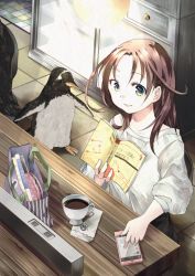 Rule 34 | 1girl, bag, bird, book, brown hair, cellphone, coffee, coffee cup, commentary request, cup, disposable cup, green eyes, handbag, long hair, nanana (nanana iz), napkin, original, penguin, phone, sitting, smartphone, stool, translation request