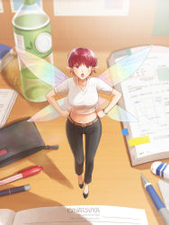 Rule 34 | 1girl, :o, belt, black footwear, black pants, blush, book, breasts, brown belt, commentary request, desktop, earrings, eraser, fairy, fairy wings, full body, highres, hoop earrings, jewelry, large breasts, looking at viewer, midriff, mini person, minigirl, natsuya (kuttuki), navel, open book, open mouth, original, pants, pen, pencil, pencil case, plastic bottle, pointy ears, red eyes, red hair, shirt, short sleeves, solo, watch, white shirt, wings, wristwatch