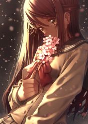 Rule 34 | 10s, 1girl, blush, branch, breasts, buttons, cherry blossoms, covered mouth, flower, flower over mouth, grey skirt, hair between eyes, hair ornament, hairclip, half updo, holding, holding flower, leaning back, light particles, long hair, long sleeves, looking at viewer, love live!, love live! sunshine!!, medium breasts, motion blur, nagareboshi, pink flower, pleated skirt, red hair, red ribbon, ribbon, sakurauchi riko, school uniform, serafuku, skirt, solo, upper body