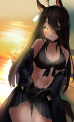 Rule 34 | 1girl, absurdres, ahoge, animal ears, bikini, black bikini, black choker, black gloves, black hair, black jacket, blush, breasts, choker, commentary request, cowboy shot, earrings, gloves, hair between eyes, highres, horse ears, horse girl, horse tail, jacket, jewelry, long hair, looking at viewer, manhattan cafe (umamusume), multicolored hair, open clothes, open jacket, open mouth, outdoors, po musubi, reflection, reflective water, single earring, small breasts, solo, streaked hair, swimsuit, tail, umamusume, undressing, water, white hair, yellow eyes