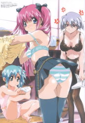 Rule 34 | 00s, 3girls, age difference, aged down, angry, arched back, ass, back, barefoot, basket, belt, belt chain, black bra, black panties, black thighhighs, blue eyes, blue hair, blue panties, blue thighhighs, blush, bra, breasts, breasts apart, camisole, changing, child, cleavage, clothes lift, day, dimples of venus, divergence eve, dress, earrings, embarrassed, eyes visible through hair, feet, flat chest, gold earrings, green eyes, hair between eyes, hair ribbon, indoors, jewelry, kondo genichiro, kondou gen&#039;ichirou, kotoko 01, kureha misaki, lace, lace-trimmed legwear, lace bra, lace panties, lace trim, large breasts, leg up, lingerie, long hair, looking back, lyar von ertiana, megami magazine, miniskirt, multiple girls, navel, non-web source, panties, pantyshot, pink hair, red eyes, retro artstyle, ribbon, scan, shirt lift, short hair, side ponytail, silver hair, sitting, skirt, socks, soles, standing, stomach, striped clothes, striped panties, thighhighs, toes, translation request, twintails, underwear, underwear only, undressing, upskirt, white panties