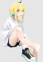 Rule 34 | 1girl, amano pikamee, blonde hair, colored inner hair, green hair, green nails, grey background, hair between eyes, hand on own knee, highres, light blush, looking at viewer, multicolored hair, nail polish, natsupon kai, off-shoulder shirt, off shoulder, open mouth, sharp teeth, shirt, shoes, short hair, short hair with long locks, sidelocks, sitting, sneakers, solo, spaghetti strap, teeth, virtual youtuber, voms, white shirt