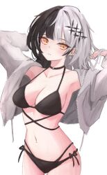 Rule 34 | 1girl, absurdres, akarinnndesu, barbell piercing, bikini, black bikini, black choker, black hair, breasts, choker, cleavage, ear piercing, earrings, grey hair, grey jacket, heart, heart earrings, highres, hololive, hololive english, industrial piercing, jacket, jewelry, large breasts, long hair, long sleeves, looking at viewer, multicolored hair, multiple piercings, navel, navel piercing, o-ring, o-ring choker, open clothes, open jacket, piercing, shiori novella, simple background, smile, solo, split-color hair, swimsuit, virtual youtuber, white background, yellow eyes